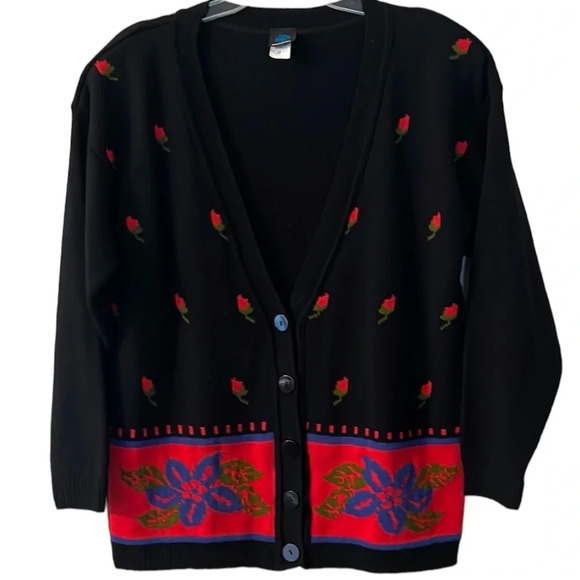 Women’s Vintage Oversized Open Front Black Floral Cardigan. Button Down. SzS - Picture 1 of 7